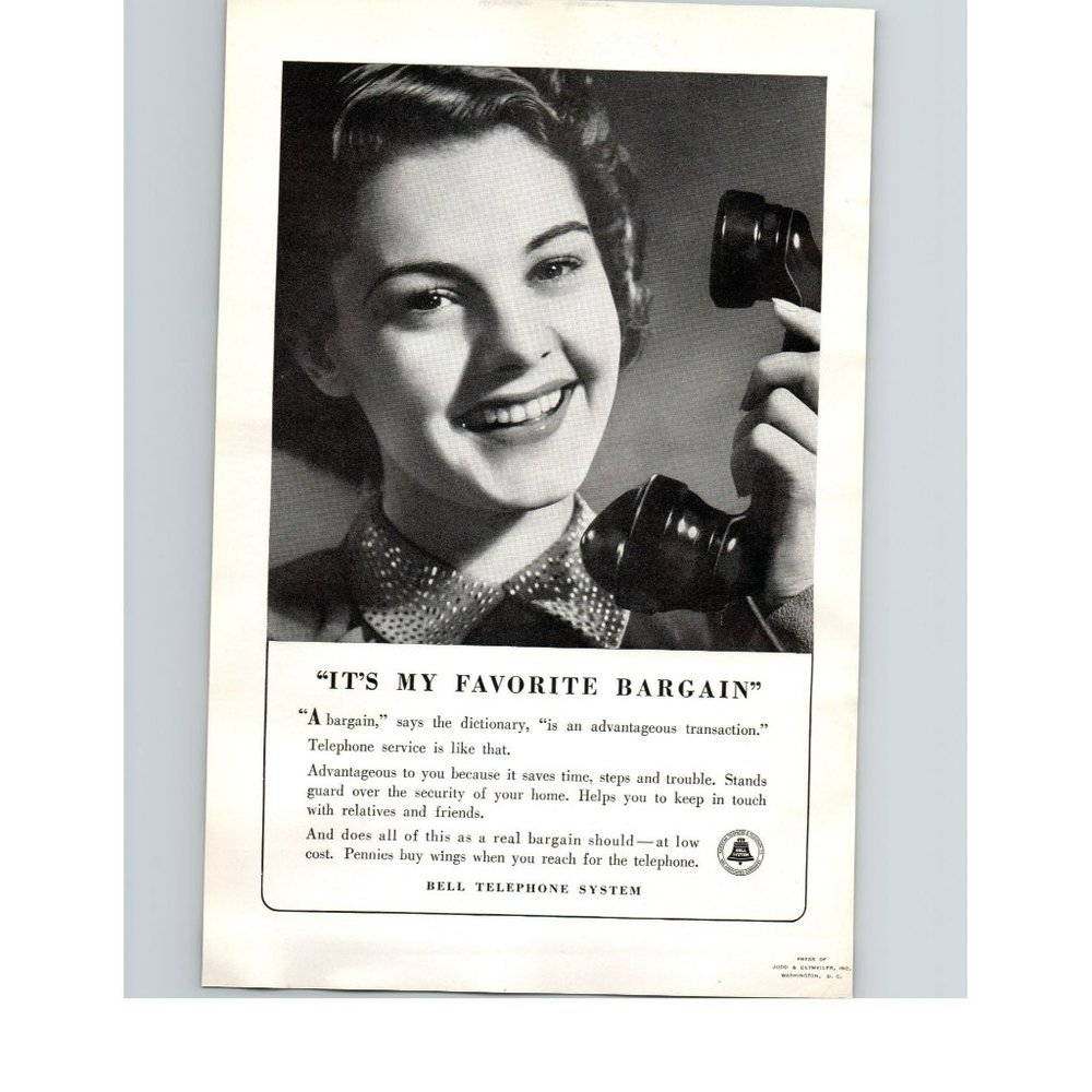 1940 Bell Telephone It's My Favorite Bargain Vintage Print Ad Smiling Operator